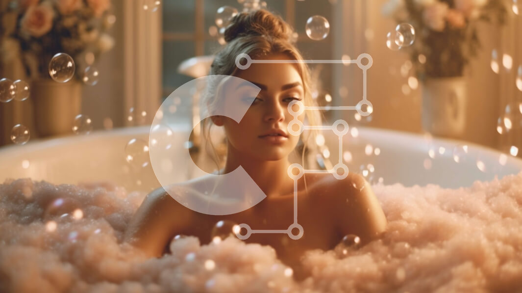 Σετ των 2 Intra Συλλεκτικό Ξύλινο Παζλ Plywood  4mm - Χαλαρωτικό αφρόλουτρο: Η νεαρή γυναίκα απολαμβάνει το μπάνιο στο πολυτελές μπάνιο Σε Ξύλινο Κουτί - Διαστάσεις: 10x10 cm – 25 κομμάτια