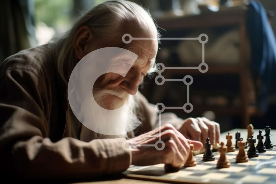 Intra Συλλεκτικό Ξύλινο Παζλ Plywood  4mm - Εκλεκτής ποιότητας εικόνα ενός ηλικιωμένου άνδρα που παίζει σκάκι Σε Ξύλινο Κουτί - Διαστάσεις Puzzle: 10x10 cm – 25 κομμάτια