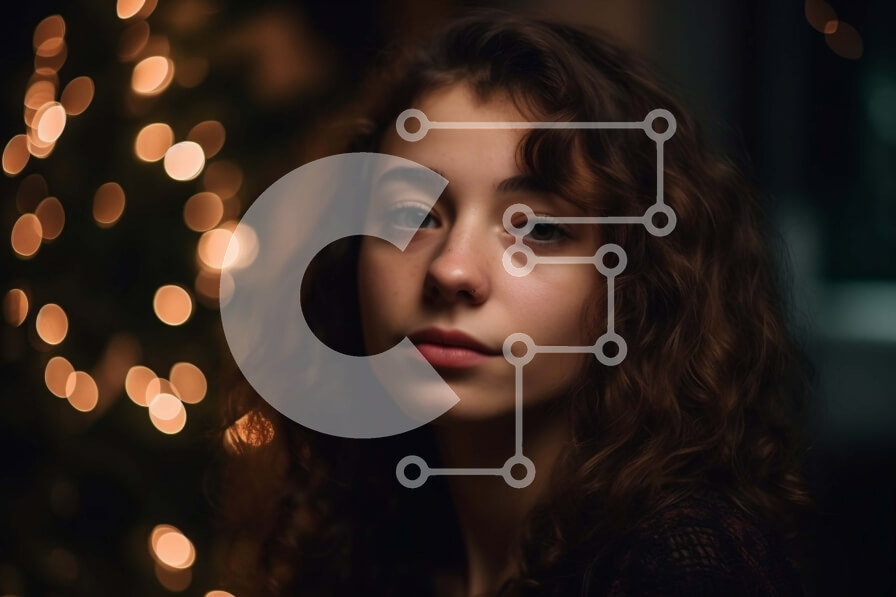 Intra Συλλεκτικό Ξύλινο Παζλ Plywood  4mm - Όμορφη εικόνα μιας γυναίκας μπροστά από το χριστουγεννιάτικο δέντρο με θολά φώτα Σε Ξύλινο Κουτί - Διαστάσεις Puzzle: 10x10 cm – 25 κομμάτια