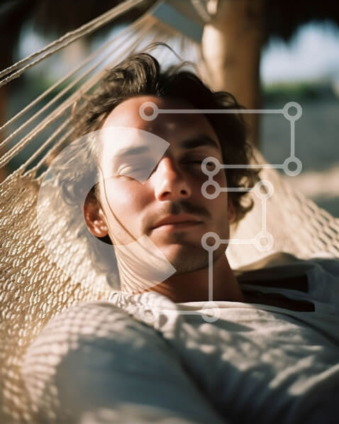 Intra Συλλεκτικό Ξύλινο Παζλ Plywood  4mm - Άνδρας με λευκό πουκάμισο και γυαλιά ηλίου ξαπλωμένος σε μια αιώρα στην παραλία Σε Ξύλινο Κουτί - Διαστάσεις Puzzle: 10x10 cm – 25 κομμάτια