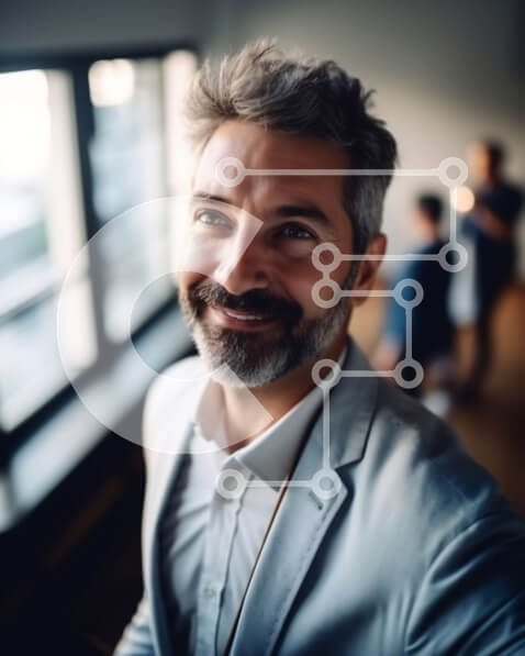 Intra Συλλεκτικό Ξύλινο Παζλ Plywood  4mm - Χαμογελαστός επιχειρηματίας με γκρι κοστούμι και μπλε γραβάτα σε περιβάλλον γραφείου Σε Ξύλινο Κουτί - Διαστάσεις Puzzle: 10x10 cm – 25 κομμάτια