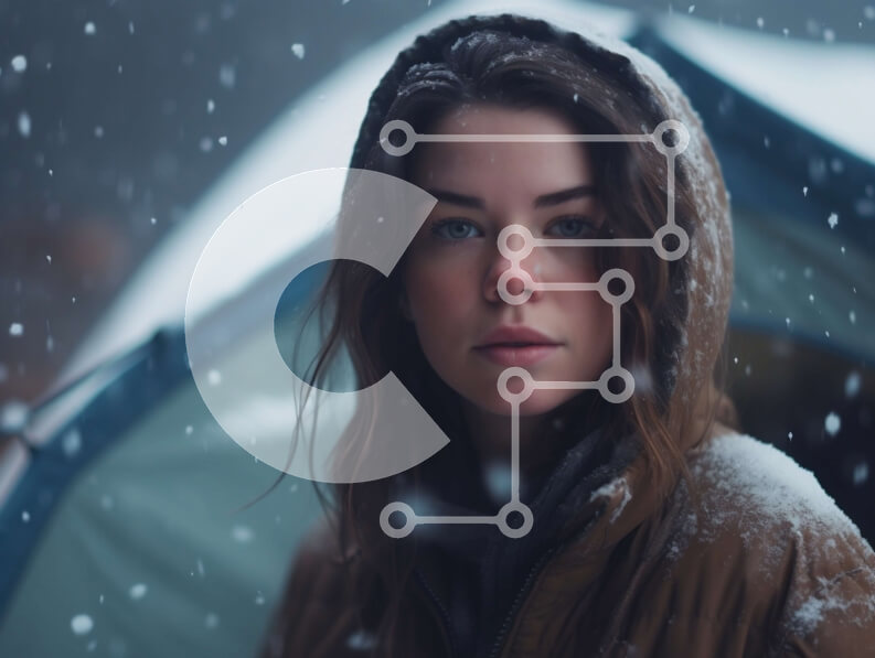 Intra Συλλεκτικό Ξύλινο Παζλ Plywood  4mm - Σοβαρή νεαρή γυναίκα με καφέ μπουφάν με κουκούλα στο χιόνι Σε Ξύλινο Κουτί - Διαστάσεις Puzzle: 10x10 cm – 25 κομμάτια