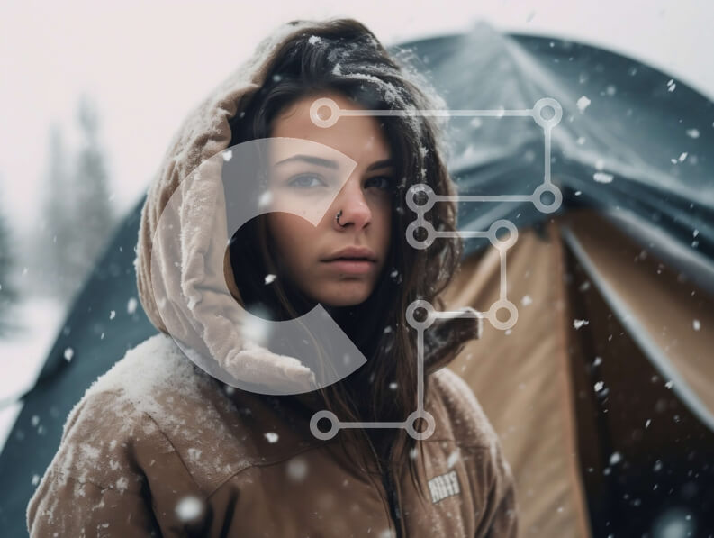 Intra Συλλεκτικό Ξύλινο Παζλ Plywood  4mm - Σοβαρή νεαρή γυναίκα που στέκεται στο χιόνι με τη λευκή σκηνή στο φόντο Σε Ξύλινο Κουτί - Διαστάσεις Puzzle: 10x10 cm – 25 κομμάτια