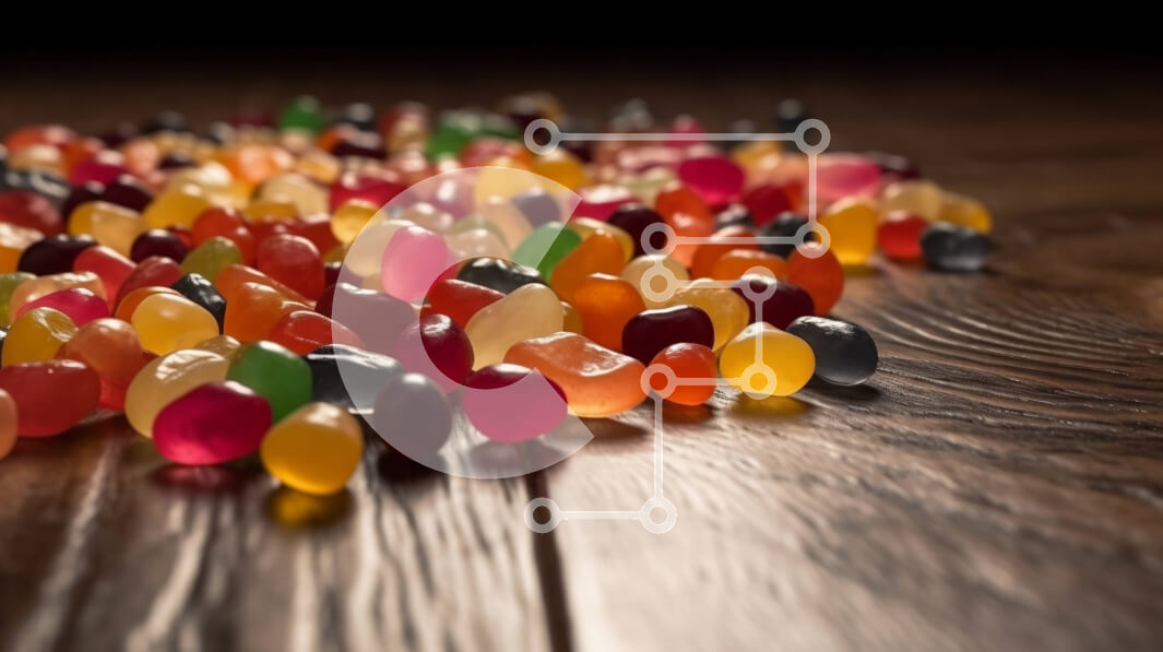 Σετ των 2 Intra Συλλεκτικό Ξύλινο Παζλ Plywood  4mm - Πολύχρωμο σωρό από Gummy Bears σε ένα ξύλινο τραπέζι Σε Ξύλινο Κουτί - Διαστάσεις: 10x10 cm – 25 κομμάτια