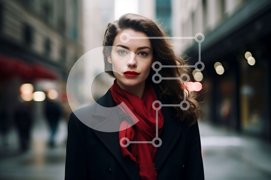 Intra Συλλεκτικό Ξύλινο Παζλ Plywood  4mm - Σοβαρή γυναίκα στο City Street με μαύρο παλτό και κόκκινο κασκόλ Σε Ξύλινο Κουτί - Διαστάσεις Puzzle: 10x10 cm – 25 κομμάτια