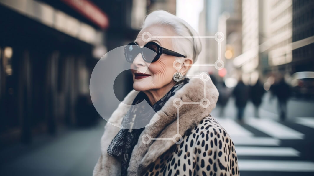 Intra Συλλεκτικό Ξύλινο Παζλ Plywood  4mm - Κομψή ηλικιωμένη γυναίκα στο City Street με παλτό Leopard και γυαλιά ηλίου Σε Ξύλινο Κουτί - Διαστάσεις Puzzle: 10x10 cm – 25 κομμάτια