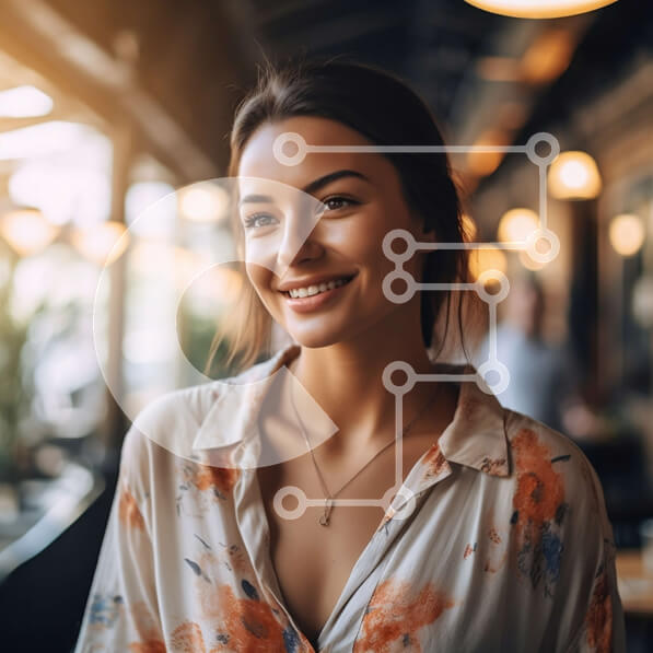 Intra Συλλεκτικό Ξύλινο Παζλ Plywood  4mm - Φιλική εικόνα μιας γυναίκας με ένα λουλουδάτο πουκάμισο σε ένα εστιατόριο Σε Ξύλινο Κουτί - Διαστάσεις Puzzle: 10x10 cm – 25 κομμάτια