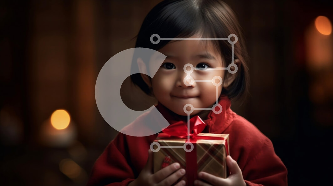 Intra Συλλεκτικό Ξύλινο Παζλ Plywood  4mm - Ευτυχισμένο κορίτσι με ένα κουτί δώρου τυλιγμένο σε καφέ χαρτί και κόκκινη κορδέλα Σε Ξύλινο Κουτί - Διαστάσεις Puzzle: 10x10 cm – 25 κομμάτια