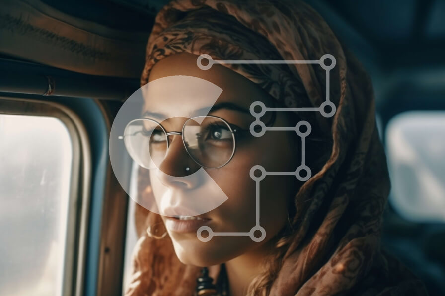 Intra Συλλεκτικό Ξύλινο Παζλ Plywood  4mm - Γυναίκα που φορά γυαλιά και μαντίλα κοιτάζοντας έξω από το παράθυρο του τρένου Σε Ξύλινο Κουτί - Διαστάσεις Puzzle: 10x10 cm – 25 κομμάτια