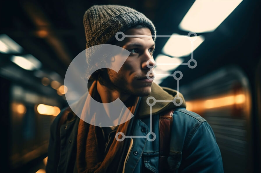 Intra Συλλεκτικό Ξύλινο Παζλ Plywood  4mm - Νεαρός άνδρας στην πλατφόρμα του μετρό που φορά φασόλια και κασκόλ Σε Ξύλινο Κουτί - Διαστάσεις Puzzle: 10x10 cm – 25 κομμάτια