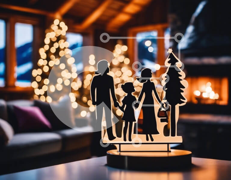 Intra Συλλεκτικό Ξύλινο Παζλ Plywood  4mm - Οικογενειακή σιλουέτα μπροστά από το φωτισμένο χριστουγεννιάτικο δέντρο Σε Ξύλινο Κουτί - Διαστάσεις: 10x10 cm – 25 κομμάτια