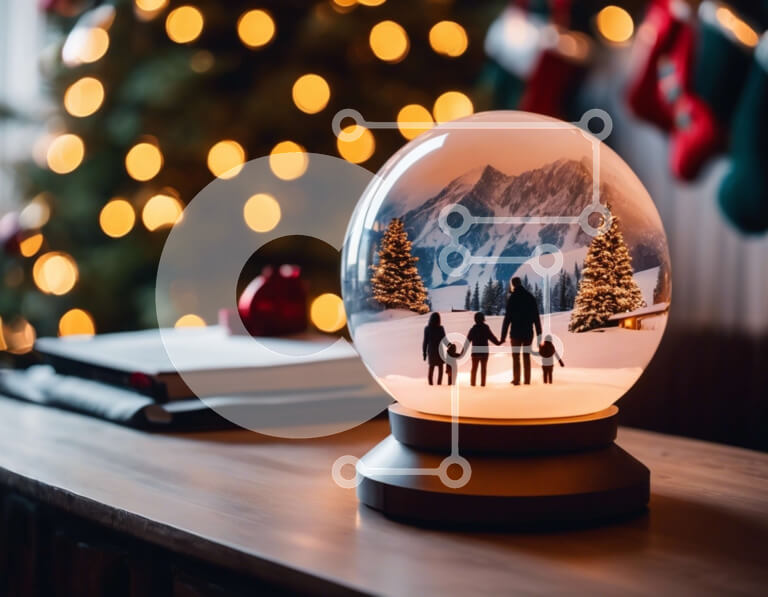 Intra Συλλεκτικό Ξύλινο Παζλ Plywood  4mm - Σφαίρα χιονιού με ανθρώπους μπροστά, χριστουγεννιάτικο δέντρο στο παρασκήνιο Σε Ξύλινο Κουτί - Διαστάσεις: 10x10 cm – 25 κομμάτια