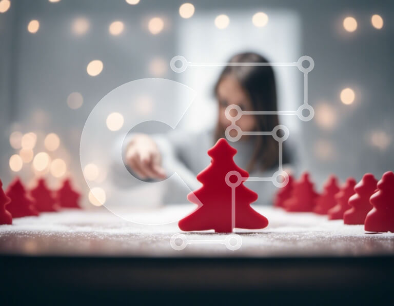 Intra Συλλεκτικό Ξύλινο Παζλ Plywood  4mm - Νεαρή γυναίκα που διακοσμεί τα μικρά κόκκινα χριστουγεννιάτικα δέντρα Σε Ξύλινο Κουτί - Διαστάσεις: 10x10 cm – 25 κομμάτια