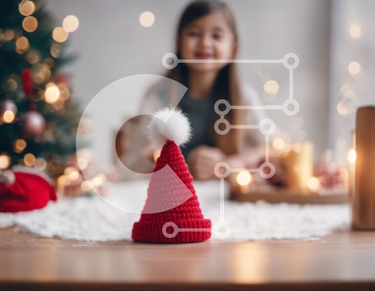 Intra Συλλεκτικό Ξύλινο Παζλ Plywood  4mm - Νεαρό κορίτσι που γιορτάζει τα Χριστούγεννα με το καπέλο του Άγιου Βασίλη και το χριστουγεννιάτικο δέντρο Σε Ξύλινο Κουτί - Διαστάσεις: 10x10 cm – 25 κομμάτια