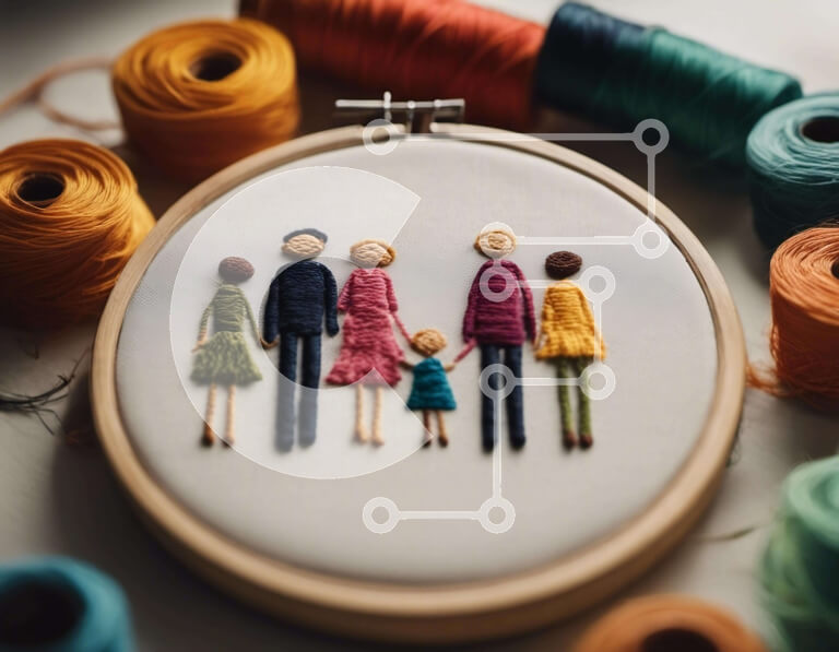 Intra Συλλεκτικό Ξύλινο Παζλ Plywood  4mm - Κέντημα τσέρκι με οικογενειακό πορτρέτο και κλωστή Σε Ξύλινο Κουτί - Διαστάσεις Puzzle: 10x10 cm – 25 κομμάτια