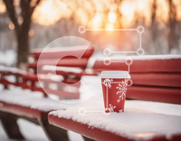 Intra Συλλεκτικό Ξύλινο Παζλ Plywood  4mm - Κόκκινο φλιτζάνι καφέ σε ξύλινους πάγκους στο χιόνι Σε Ξύλινο Κουτί - Διαστάσεις Puzzle: 10x10 cm – 25 κομμάτια