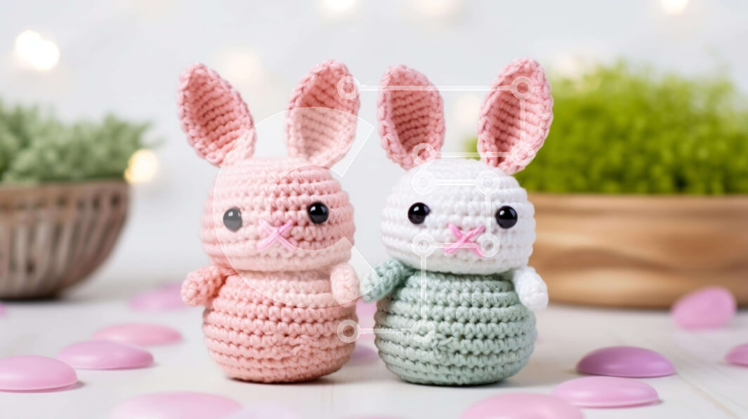 Intra Συλλεκτικό Ξύλινο Παζλ Plywood  4mm - Πασχαλινά λαγουδάκια με κροσέ σε ξύλινο τραπέζι Σε Ξύλινο Κουτί - Διαστάσεις Puzzle: 10x10 cm – 25 κομμάτια