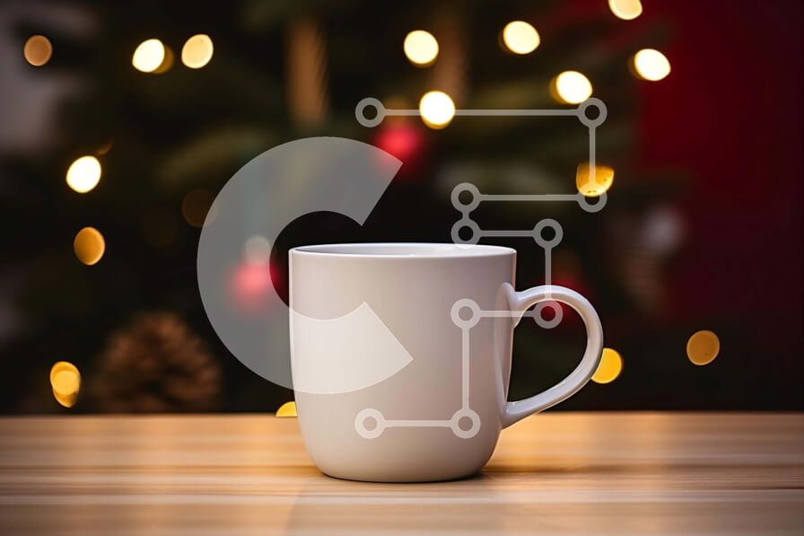 Intra Συλλεκτικό Ξύλινο Παζλ Plywood  4mm - Λευκή κούπα καφέ σε ξύλινο τραπέζι με φωτισμένο χριστουγεννιάτικο δέντρο Σε Ξύλινο Κουτί - Διαστάσεις: 10x10 cm – 25 κομμάτια