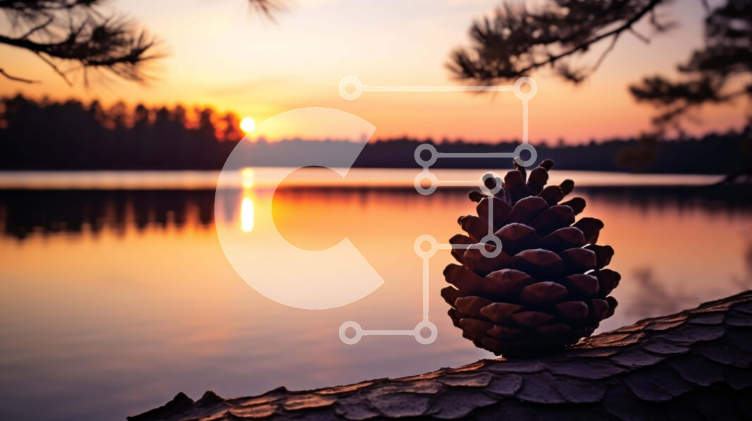 Intra Συλλεκτικό Ξύλινο Παζλ Plywood  4mm - Κώνος πεύκου στο κούτσουρο στο ηλιοβασίλεμα δίπλα στη λίμνη Σε Ξύλινο Κουτί - Διαστάσεις: 10x10 cm – 25 κομμάτια