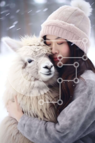 Σετ των 2 Intra Συλλεκτικό Ξύλινο Παζλ Plywood  4mm - Γυναίκα που αγκαλιάζει το αλπακά στο χιόνι Σε Ξύλινο Κουτί - Διαστάσεις: 10x10 cm – 25 κομμάτια