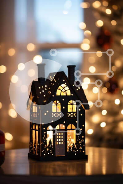 Intra Συλλεκτικό Ξύλινο Παζλ Plywood  4mm - Εορταστικό χριστουγεννιάτικο στολίδι μαύρου σπιτιού στο τραπέζι με διακοσμητικά Σε Ξύλινο Κουτί - Διαστάσεις: 10x10 cm – 25 κομμάτια