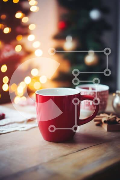 Intra Συλλεκτικό Ξύλινο Παζλ Plywood  4mm - Δύο κόκκινα φλιτζάνια καφέ στο τραπέζι με το χριστουγεννιάτικο δέντρο Σε Ξύλινο Κουτί - Διαστάσεις: 10x10 cm – 25 κομμάτια