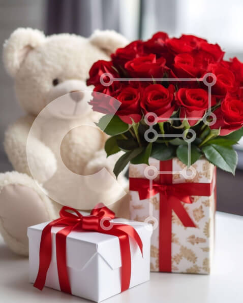 Intra Συλλεκτικό Ξύλινο Παζλ Plywood  4mm - Ρομαντικά δώρα του Αγίου Βαλεντίνου με αρκουδάκι και τριαντάφυλλα Σε Ξύλινο Κουτί - Διαστάσεις: 10x10 cm – 25 κομμάτια