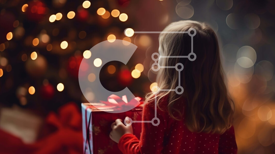 Intra Συλλεκτικό Ξύλινο Παζλ Plywood  4mm - Ενθουσιασμός και χαρά: Νεαρό κορίτσι με κουτί δώρου και χριστουγεννιάτικο δέντρο Σε Ξύλινο Κουτί - Διαστάσεις: 10x10 cm – 25 κομμάτια