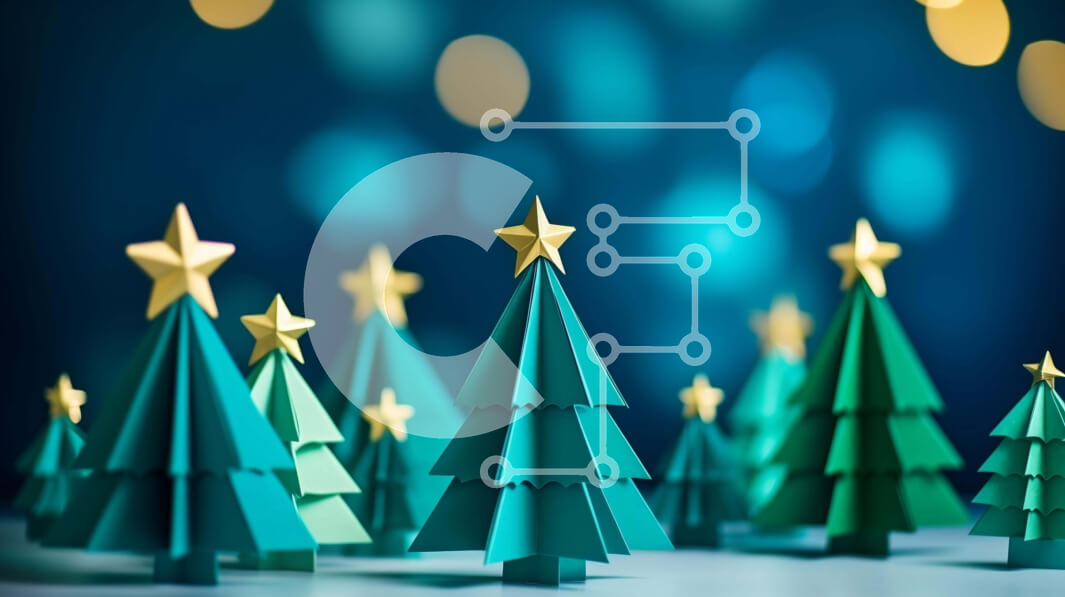 Intra Συλλεκτικό Ξύλινο Παζλ Plywood  4mm - Χριστουγεννιάτικα δέντρα Origami σε αφηρημένο φόντο Bokeh Σε Ξύλινο Κουτί - Διαστάσεις Puzzle: 10x10 cm – 25 κομμάτια