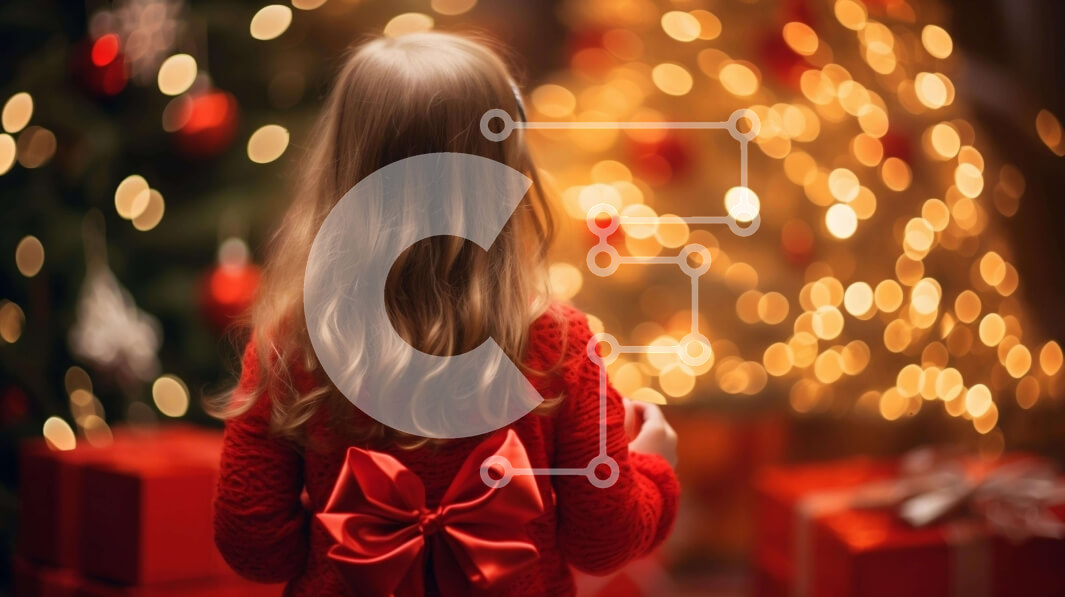 Intra Συλλεκτικό Ξύλινο Παζλ Plywood  4mm - Νεαρό κορίτσι με κόκκινο φόρεμα με χριστουγεννιάτικο δέντρο στο φόντο Σε Ξύλινο Κουτί - Διαστάσεις: 10x10 cm – 25 κομμάτια