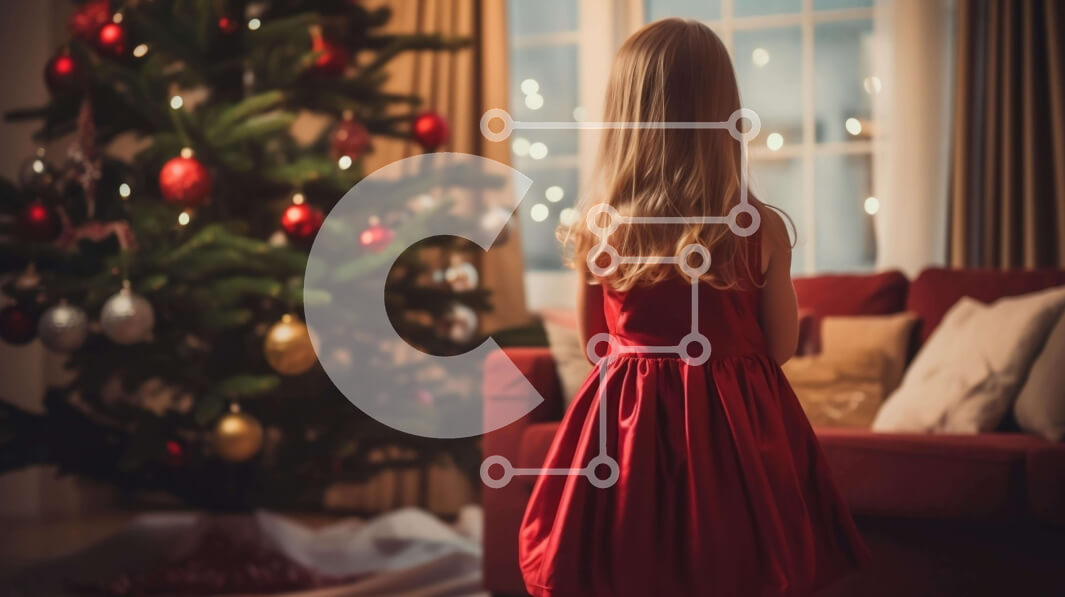 Intra Συλλεκτικό Ξύλινο Παζλ Plywood  4mm - Νεαρό κορίτσι με κομψό κόκκινο φόρεμα που απολαμβάνει το χριστουγεννιάτικο δέντρο στο σαλόνι Σε Ξύλινο Κουτί - Διαστάσεις: 10x10 cm – 25 κομμάτια