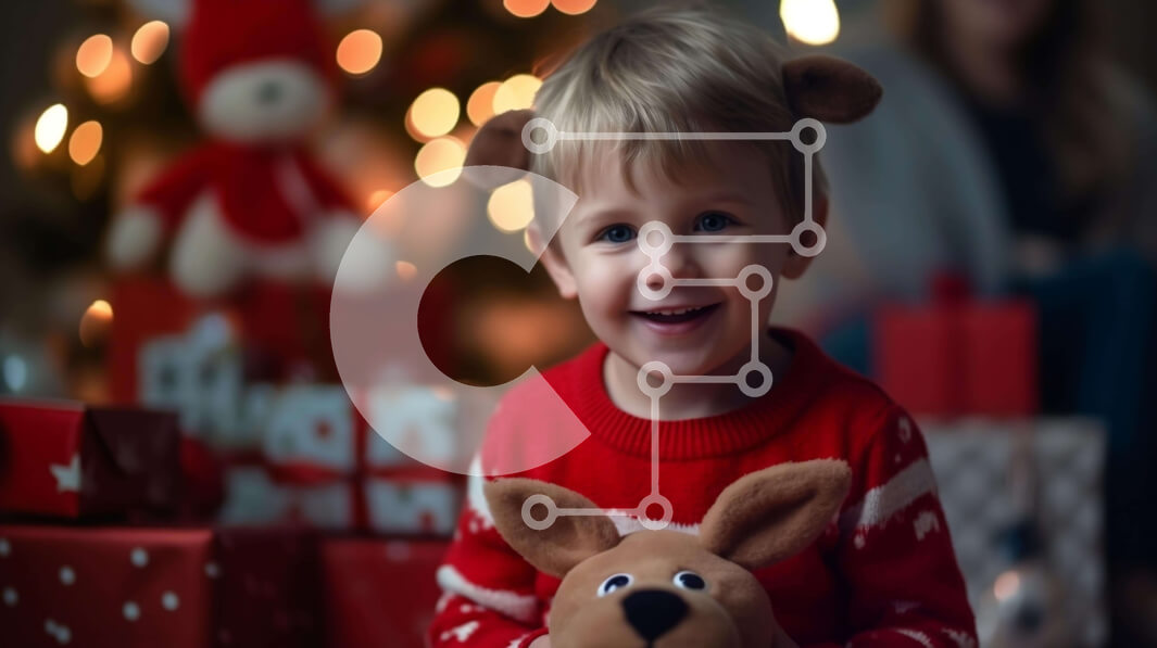 Intra Συλλεκτικό Ξύλινο Παζλ Plywood  4mm - Χαμογελαστό αγόρι με παραγεμισμένο παιχνίδι μπροστά από το στολισμένο χριστουγεννιάτικο δέντρο Σε Ξύλινο Κουτί - Διαστάσεις Puzzle: 10x10 cm – 25 κομμάτια