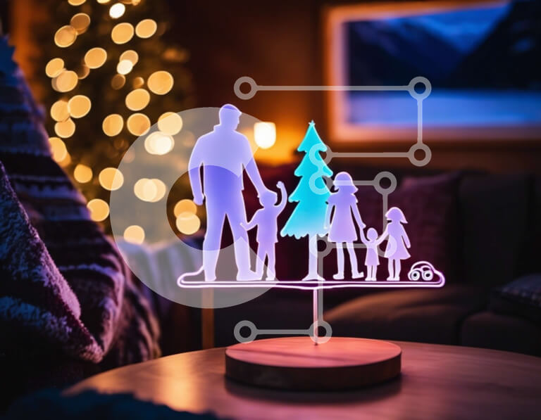 Intra Συλλεκτικό Ξύλινο Παζλ Plywood  4mm - Οικογενειακή σιλουέτα ενάντια σε ένα φωτισμένο χριστουγεννιάτικο δέντρο Σε Ξύλινο Κουτί - Διαστάσεις: 10x10 cm – 25 κομμάτια