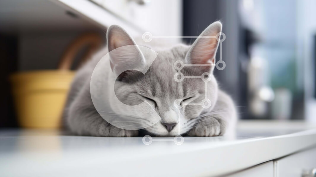 Intra Συλλεκτικό Ξύλινο Παζλ Plywood  4mm - Χαλαρή γκρίζα γάτα που στηρίζεται στον πάγκο της κουζίνας Σε Ξύλινο Κουτί - Διαστάσεις: 10x10 cm – 25 κομμάτια