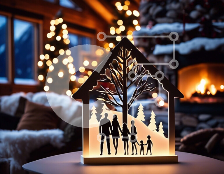 Intra Συλλεκτικό Ξύλινο Παζλ Plywood  4mm - Άνετο χριστουγεννιάτικο σπίτι με διακοσμητικό τραπέζι και οικογενειακές σιλουέτες Σε Ξύλινο Κουτί - Διαστάσεις: 10x10 cm – 25 κομμάτια