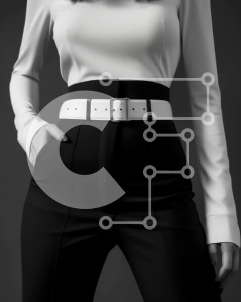 Intra Συλλεκτικό Ξύλινο Παζλ Plywood  4mm - Κομψή γυναίκα που στέκεται με τα χέρια στους γοφούς και φοράει μαύρη ζώνη με ασημένια πόρπη Σε Ξύλινο Κουτί - Διαστάσεις Puzzle: 10x10 cm – 25 κομμάτια