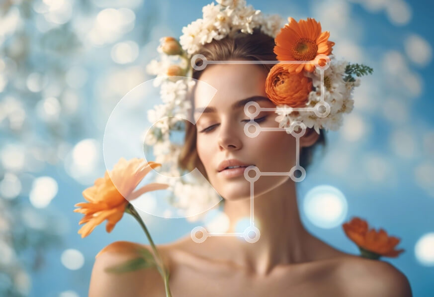 Intra Συλλεκτικό Ξύλινο Παζλ Plywood  4mm - Νεαρή γυναίκα με λουλούδια στα μαλλιά σε πορτοκαλί φόντο Σε Ξύλινο Κουτί - Διαστάσεις Puzzle: 10x10 cm – 25 κομμάτια