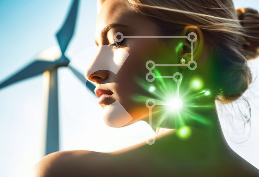 Intra Συλλεκτικό Ξύλινο Παζλ Plywood  4mm - Κομψή γυναίκα με φόντο ανεμογεννήτρια Σε Ξύλινο Κουτί - Διαστάσεις Puzzle: 10x10 cm – 25 κομμάτια