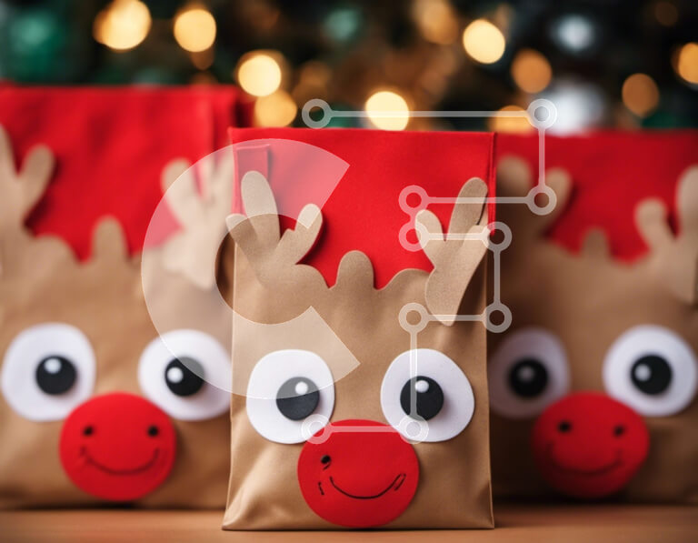 Intra Συλλεκτικό Ξύλινο Παζλ Plywood  4mm - Τσάντες δώρου διακοπών με τάρανδο σε ξύλινο τραπέζι Σε Ξύλινο Κουτί - Διαστάσεις: 10x10 cm – 25 κομμάτια