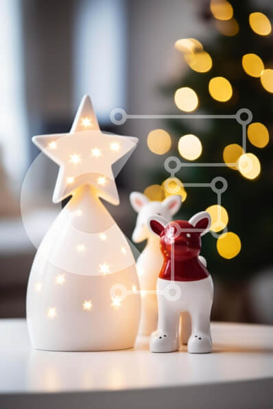 Intra Συλλεκτικό Ξύλινο Παζλ Plywood  4mm - Χριστουγεννιάτικα στολίδια τραπεζιού με ειδώλιο ταράνδου και γιορτινά φωτάκια Σε Ξύλινο Κουτί - Διαστάσεις: 10x10 cm – 25 κομμάτια