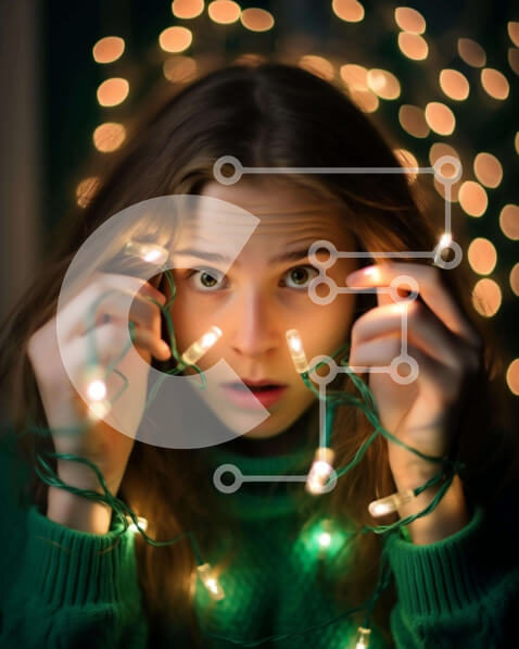 Intra Συλλεκτικό Ξύλινο Παζλ Plywood  4mm - Έκπληκτη νεαρή γυναίκα με τα αναμμένα χριστουγεννιάτικα φώτα Σε Ξύλινο Κουτί - Διαστάσεις Puzzle: 10x10 cm – 25 κομμάτια