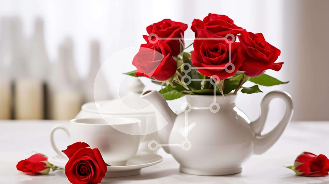 Σετ των 2 Intra Συλλεκτικό Ξύλινο Παζλ Plywood  4mm - Κομψή ώρα για τσάι με κόκκινα τριαντάφυλλα σε λευκή τσαγιέρα Σε Ξύλινο Κουτί - Διαστάσεις: 10x10 cm – 25 κομμάτια