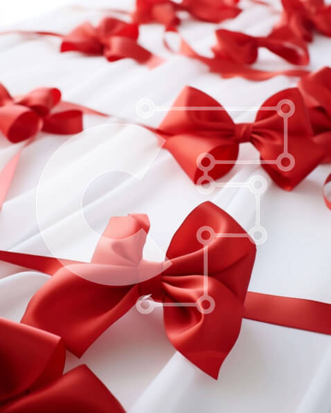 Intra Συλλεκτικό Ξύλινο Παζλ Plywood  4mm - Ομάδα κόκκινων φιόγκων και κορδέλες σε ένα άσπρο τραπεζομάντιλο Σε Ξύλινο Κουτί - Διαστάσεις Puzzle: 10x10 cm – 25 κομμάτια