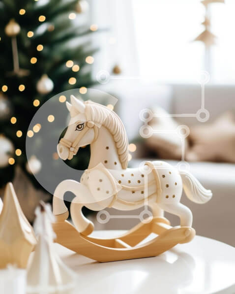Intra Συλλεκτικό Ξύλινο Παζλ Plywood  4mm - Λευκό ξύλινο κουνιστό άλογο δίπλα στο χριστουγεννιάτικο δέντρο Σε Ξύλινο Κουτί - Διαστάσεις: 10x10 cm – 25 κομμάτια