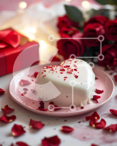 Σετ των 2 Intra Συλλεκτικό Ξύλινο Παζλ Plywood  4mm - Κέικ σε σχήμα καρδιάς με λευκό παγωμένο και κόκκινο ροδοπέταλα Σε Ξύλινο Κουτί - Διαστάσεις: 10x10 cm – 25 κομμάτια