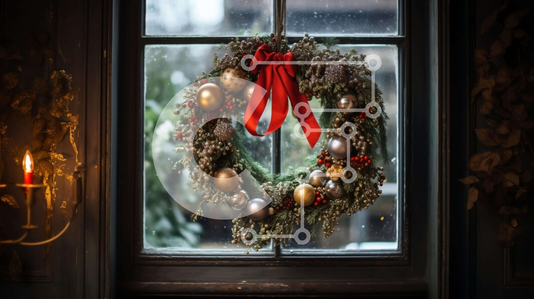 Intra Συλλεκτικό Ξύλινο Παζλ Plywood  4mm - Στεφάνι διακοπών στο περβάζι παραθύρου με στολίδια και χιόνι Σε Ξύλινο Κουτί - Διαστάσεις: 10x10 cm – 25 κομμάτια