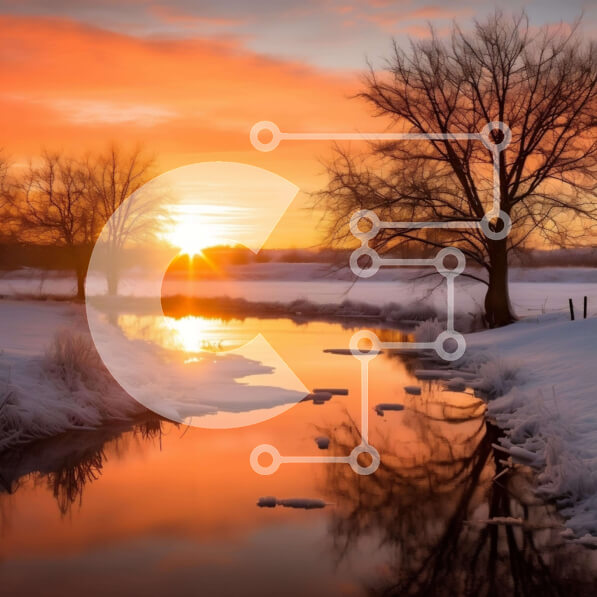 Intra Συλλεκτικό Ξύλινο Παζλ Plywood  4mm - Χιονισμένος ποταμός στο ηλιοβασίλεμα Σε Ξύλινο Κουτί - Διαστάσεις: 10x10 cm – 25 κομμάτια