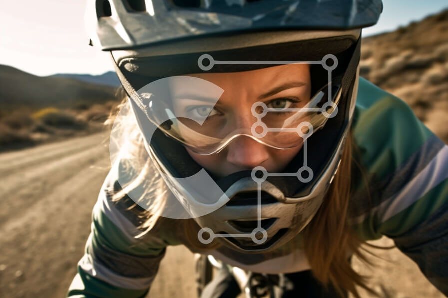 Intra Συλλεκτικό Ξύλινο Παζλ Plywood  4mm - Γυναίκα που κάνει ποδηλασία βουνού κάτω από χωματόδρομο στην έρημο Σε Ξύλινο Κουτί - Διαστάσεις Puzzle: 10x10 cm – 25 κομμάτια