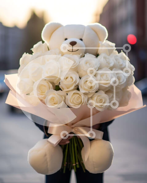 Intra Συλλεκτικό Ξύλινο Παζλ Plywood  4mm - Άτομο που κρατά μπουκέτο με λευκά τριαντάφυλλα με λουλούδια σε σχήμα αρκουδάκι Σε Ξύλινο Κουτί - Διαστάσεις Puzzle: 10x10 cm – 25 κομμάτια