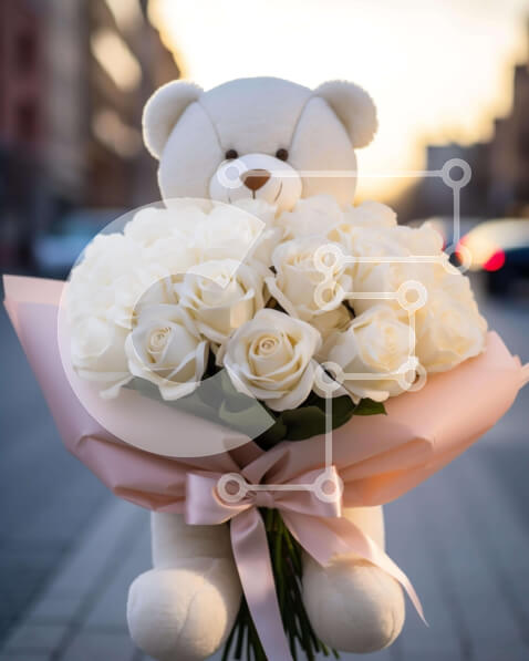 Intra Συλλεκτικό Ξύλινο Παζλ Plywood  4mm - Μεγάλο λευκό αρκουδάκι με λευκά τριαντάφυλλα Σε Ξύλινο Κουτί - Διαστάσεις: 10x10 cm – 25 κομμάτια